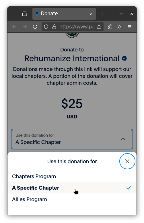 a screen capture of PayPal with 'A Specific Chapter' selected in the 'Use this donation for' drop down menu.