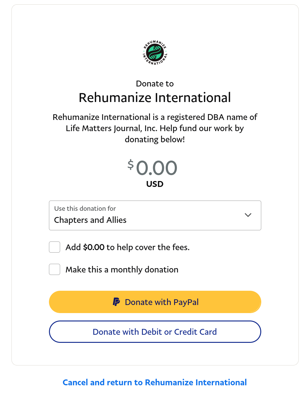 a screencapture of PayPal with 'Chapters and Allies' selected in the 'Use this donation for' drop down menu.